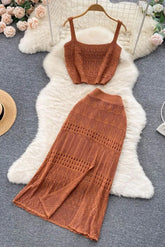 Hollow Out Two Piece Set Vacation Short Tank Tops + High Waist Split Skirts Suits